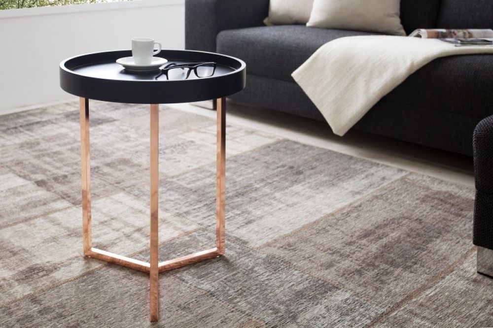 Masuta de colt rotunda din lemn masiv si Metal Negru/Rose Gold D40xH50cm Modular