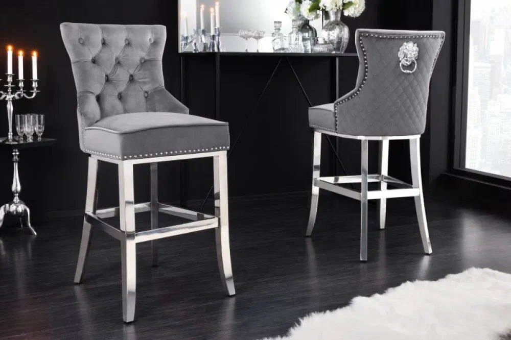 Scaun de bar tapitat cu Catifea Gri cu picioare din Otel inoxidabil Argintiu H116xL51xA60cm Castle Deluxe