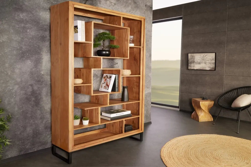 Etajera din Lemn de salcam Maro si Metal Negru L88xH190cm CUBUS