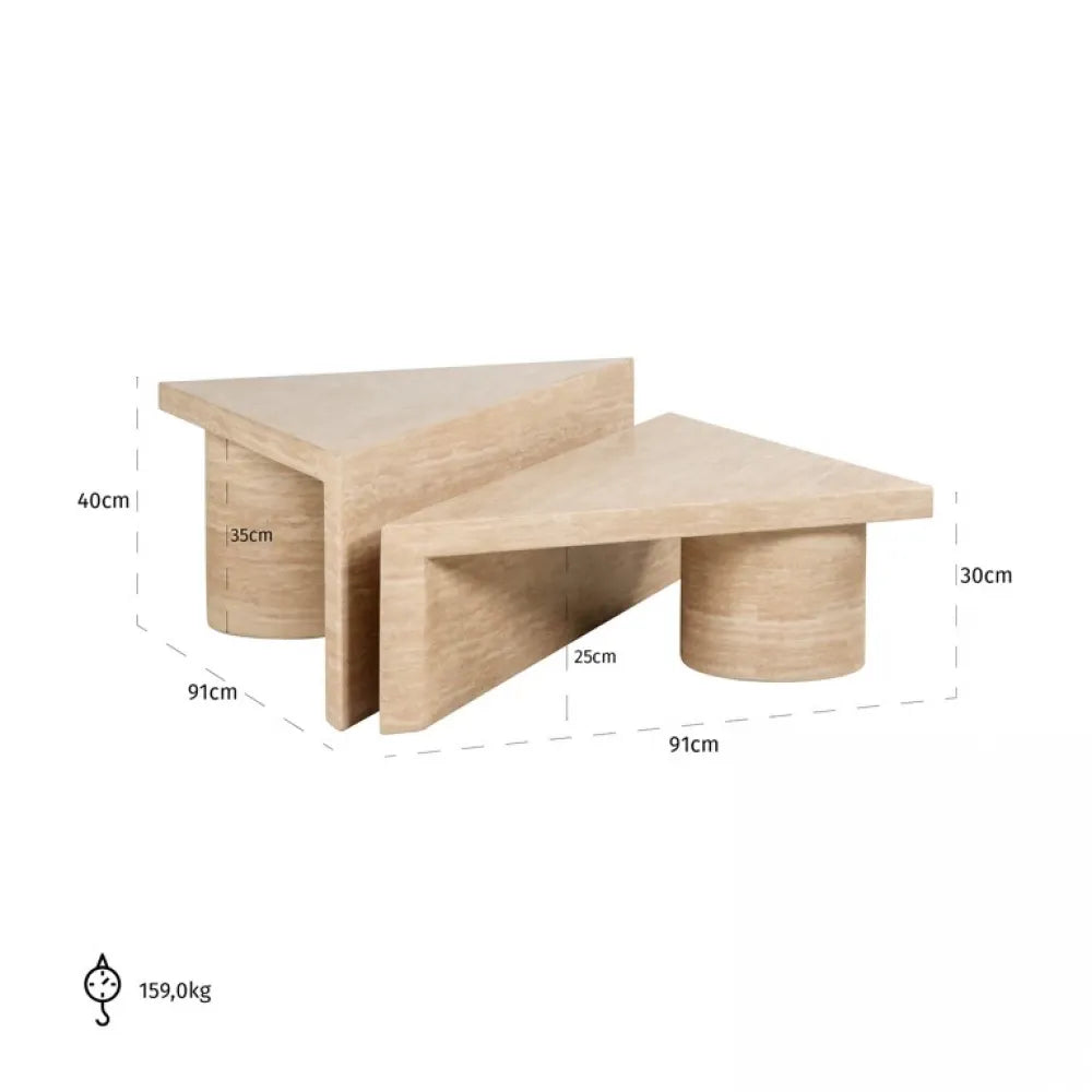 Set 2 masute de cafea Triunghiulara din Travertin artificial Bej L91xH40cm Fictus Richmond Interiors