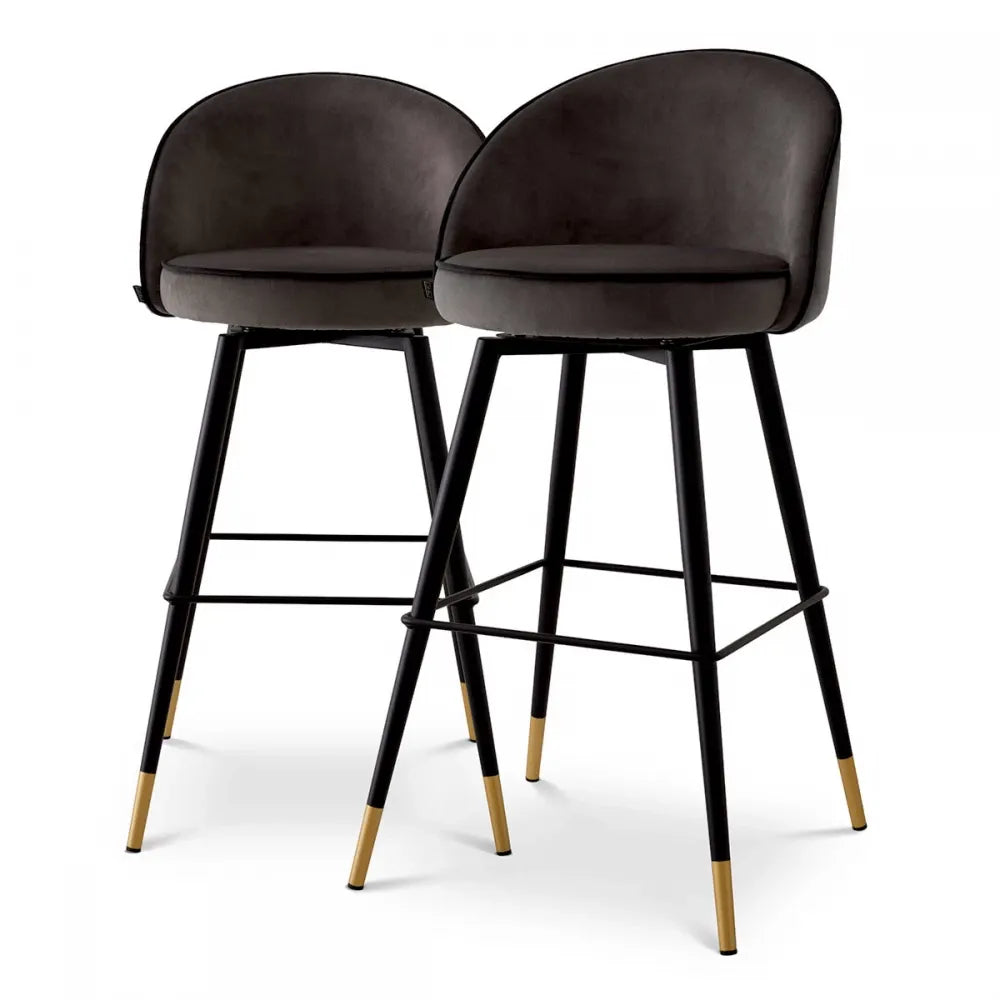 Set 2 scaune de bar pivotante tapitat cu Catifea Gri inchis cu picioare din Metal Negru/Auriu H103xL50xA55cm Cooper Eichholtz