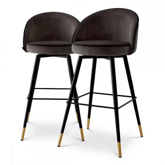 Set 2 scaune de bar pivotante tapitat cu Catifea Gri inchis cu picioare din Metal Negru/Auriu H103xL50xA55cm Cooper Eichholtz