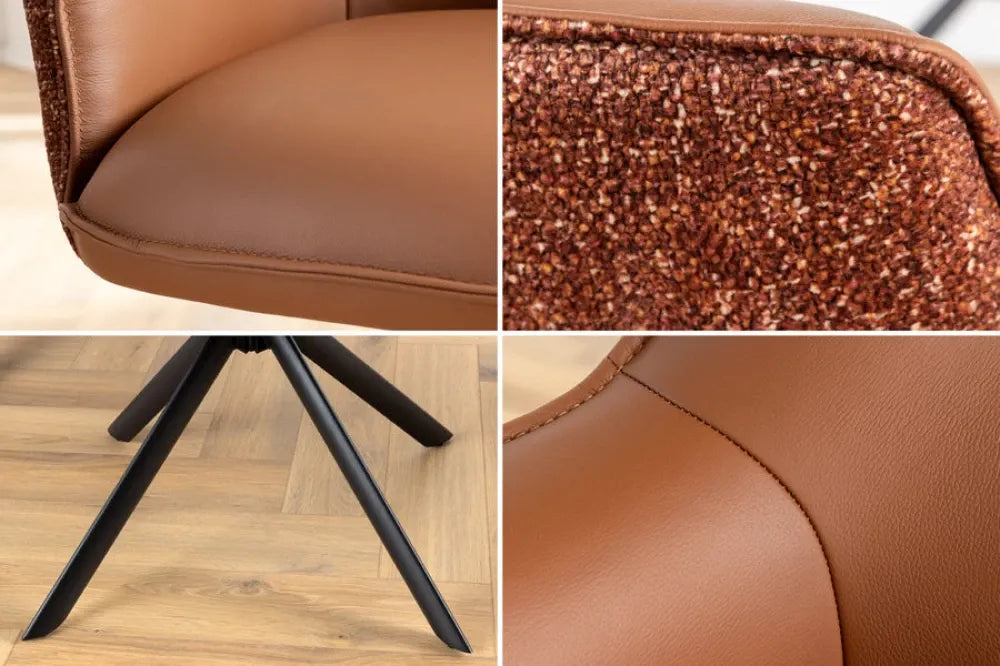 Set 2 scaune rotative tapitat cu Piele/Stofa Maro cognac si picioare din Metal Negru H87xL68xA68cm LE GRAND
