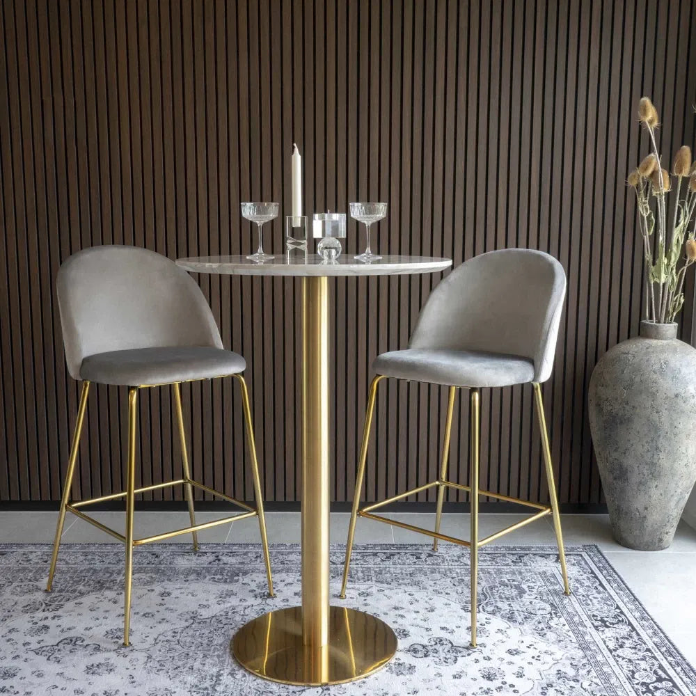 Masa bar din Metal Alama si MDf Alb cu efect de marmura D70xH105cm Bolzano