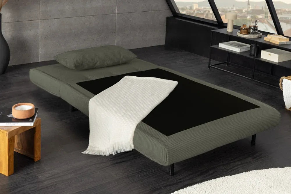 Fotoliu cu functie de dormit tapitat cu Raiat Verde si picioare din Lemn de pin Negru H82xL100xA91cm SMART MULTIFUNCTION