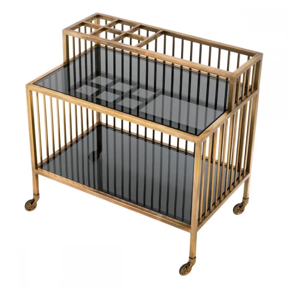 Carucior de servire Dreptunghiulara din Otel inoxidabil Alama antichizata si Sticla Fumuriu L80xl50.5cm Rutherford Eichholtz