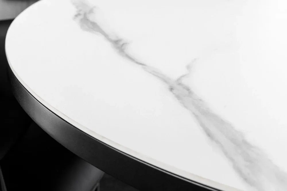Masa din Sticla securizata/Ceramica Alb cu efect de marmura si Metal Negru L120-160xH77cm Mikado