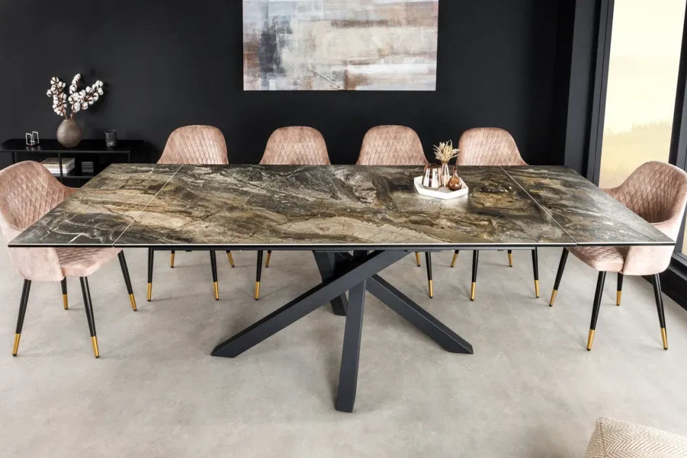 Masa din Sticla securizata/Ceramica Maro si Metal Negru L180-220-260xH76cm Marvelous