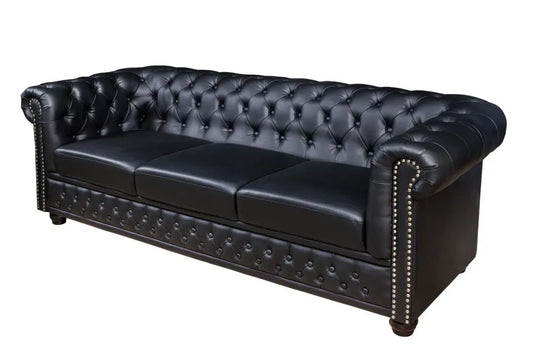 Canapea 3 locuri tapitat cu Piele artificiala Negru L205cm Chesterfield