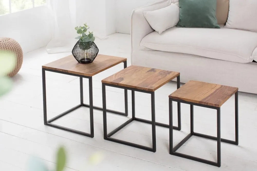 Set 3 masute laterale Patrate din Lemn de sheesham Maro si Metal Negru L30/35/40xH36/40/42cm Elements