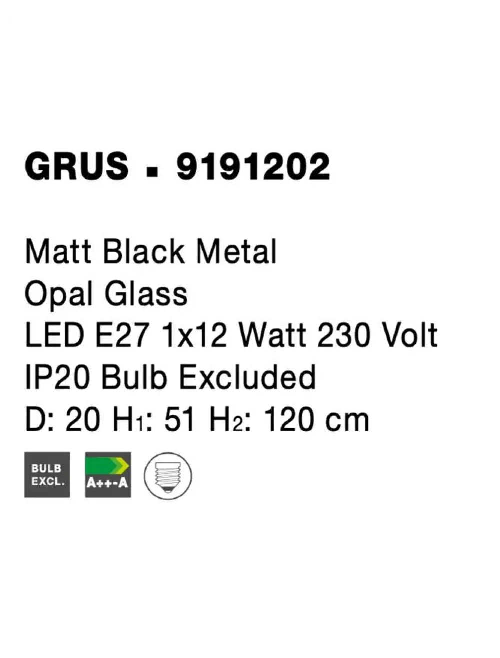 Pendul structura din Metal Negru si abajur din Sticla Alb H120xL20cm IP20 GRUS