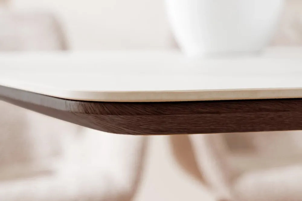 Masa din Ceramica Alb cu efect de marmura si Furnir de nuc Maro inchis L200xH76cm Unique