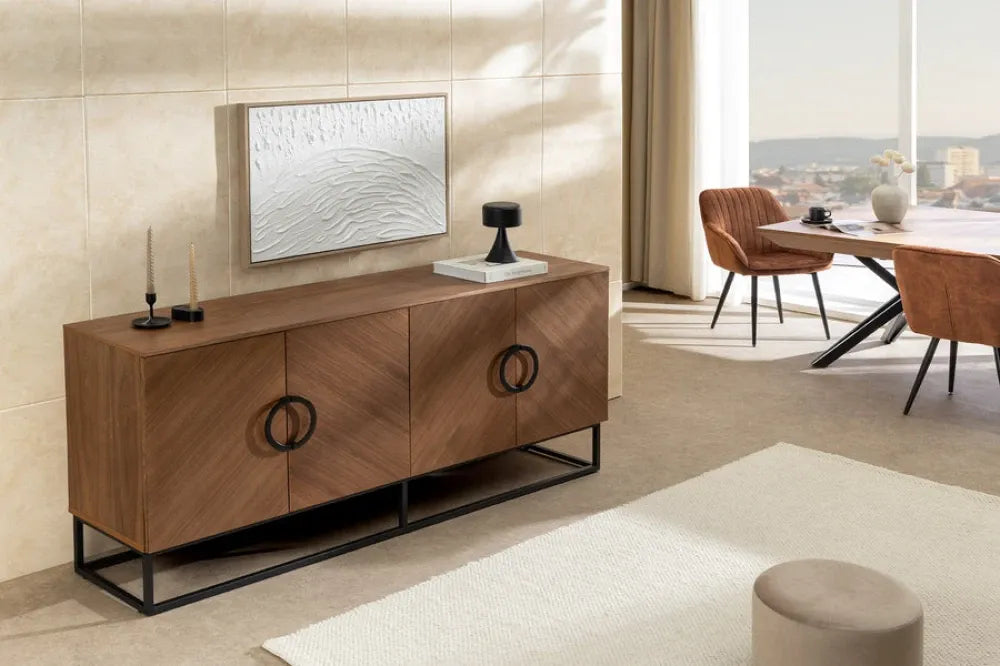 Comoda din MDF/Furnir de nuc Maro si Metal Negru L180xH80cm GRANDEZZA