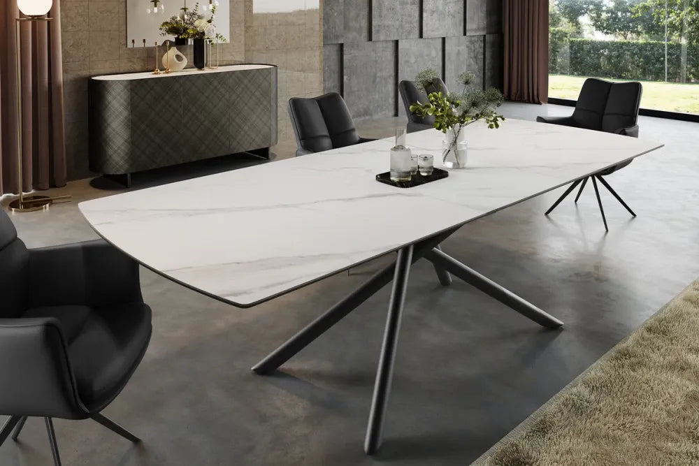 Masa din Sticla securizata/Ceramica Alb cu efect de marmura si Metal Negru L180-230xH77cm Mikado