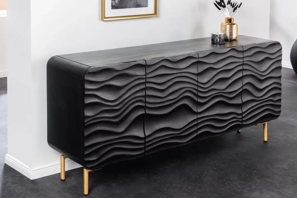 Comoda din Lemn de mango Negru si Metal Auriu L160xH75cm Wave
