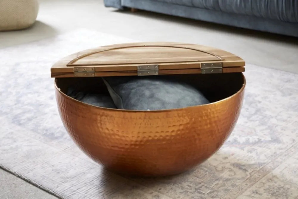 Masuta de cafea Rotunda din Lemn masiv de mango Maro si Metal Cupru D60xH30cm Orient Storage