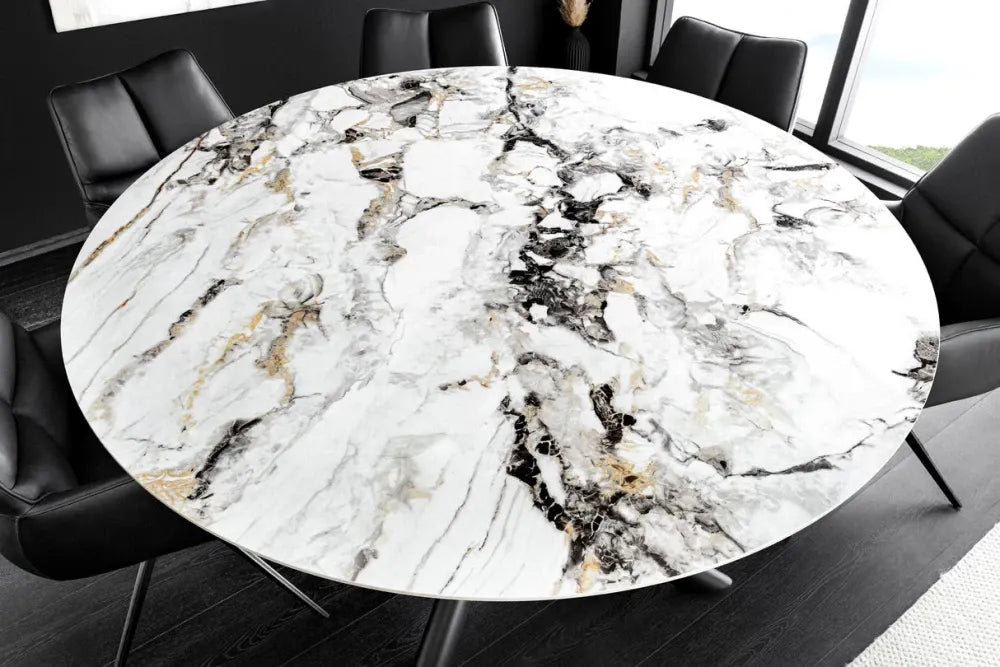 Masa rotunda din Sticla securizata/Ceramica Multicolor si Metal Negru D150xH76cm Spin