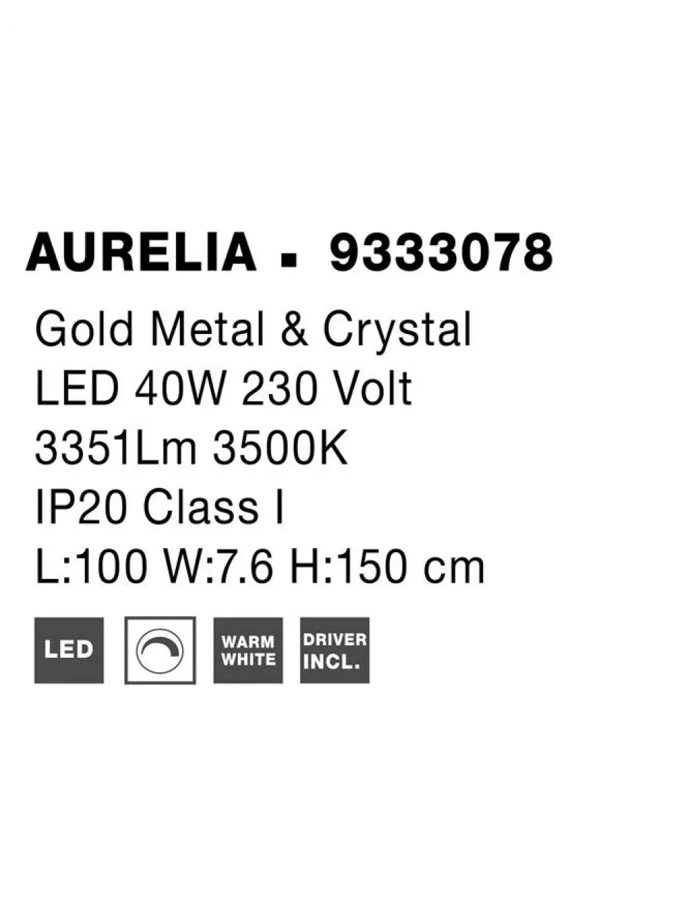 Lustra structura din Metal Auriu si abajur din Cristal Transparent H150xL100cm IP20 43W 3351lm 3500k AURELIA