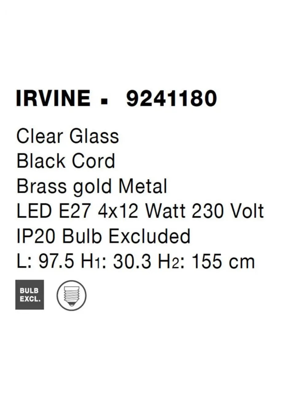 Lustra structura din Metal Alama si abajur din Sticla Transparent H155xL97.5cm IP20 IRVINE