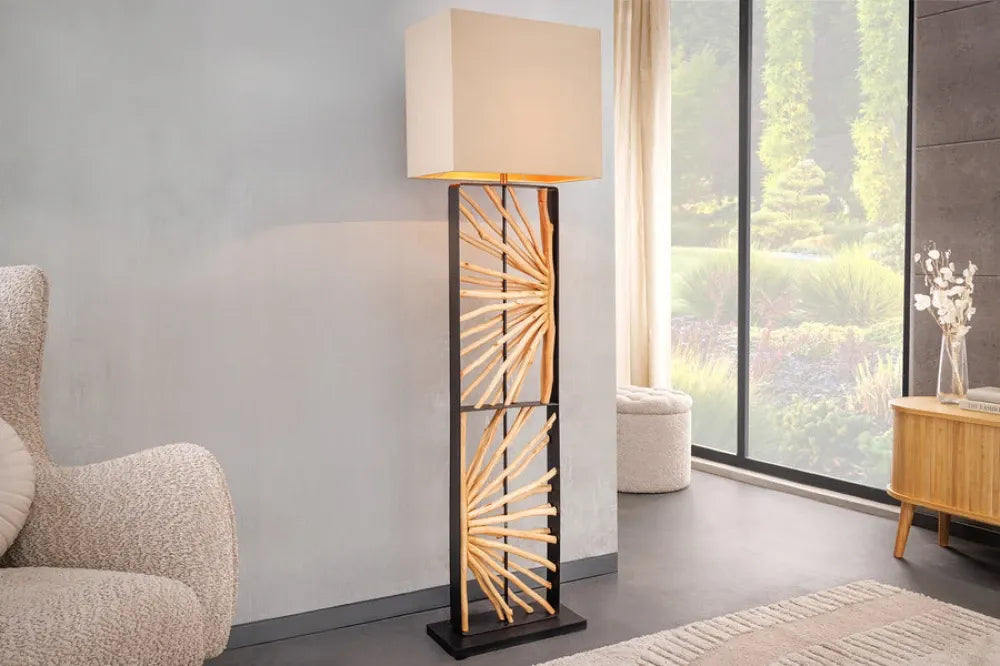 Lampa de podea din Metal/Lemn Negru/Maro si Textil Bej L45xH165cm EUPHORIA
