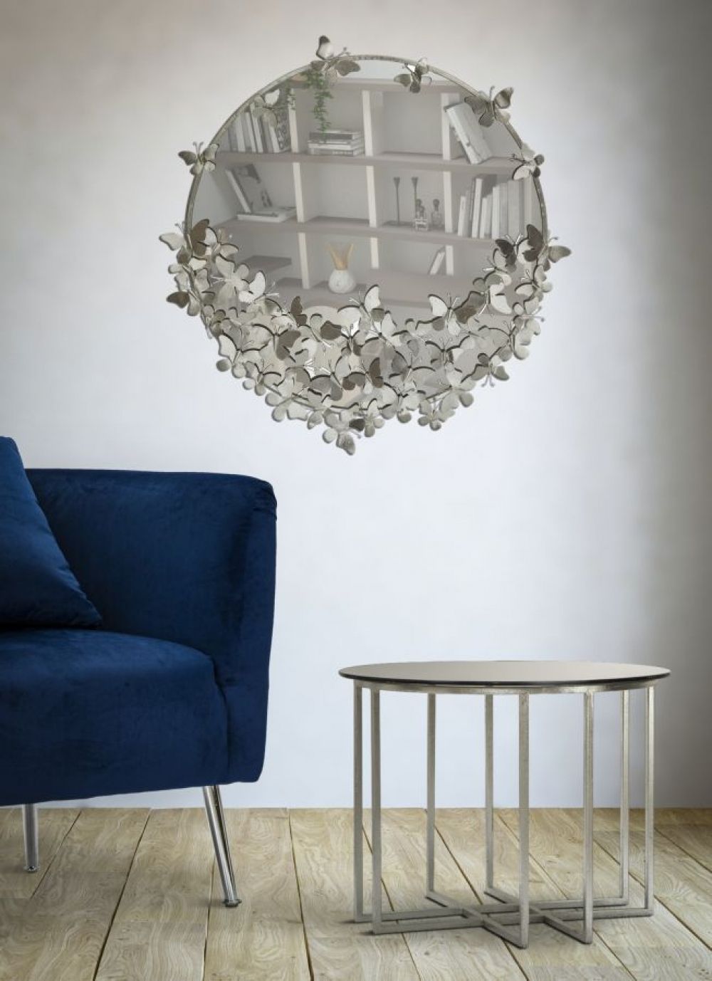 Oglinda Rotunda cu rama din Metal Argintiu Fluturi D91cm