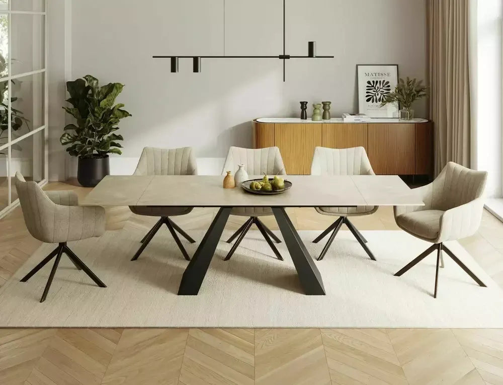Masa Dreptunghiulara de 12 persoane din Sticla securizata+Ceramica Crem si Metal Negru mat L160-240xH77cm Salvadore