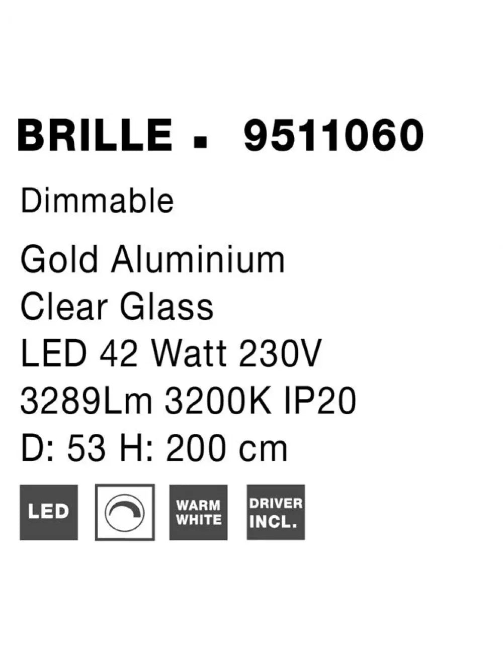 Candelabru structura din Aluminiu Auriu si abajur din Acrilic Transparent H200xL53cm IP20 42W 2710lm 3200k BRILLE