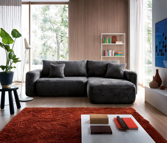 Coltar extensibil tapitat cu Corduroy Negru cu lada depozitare Billy