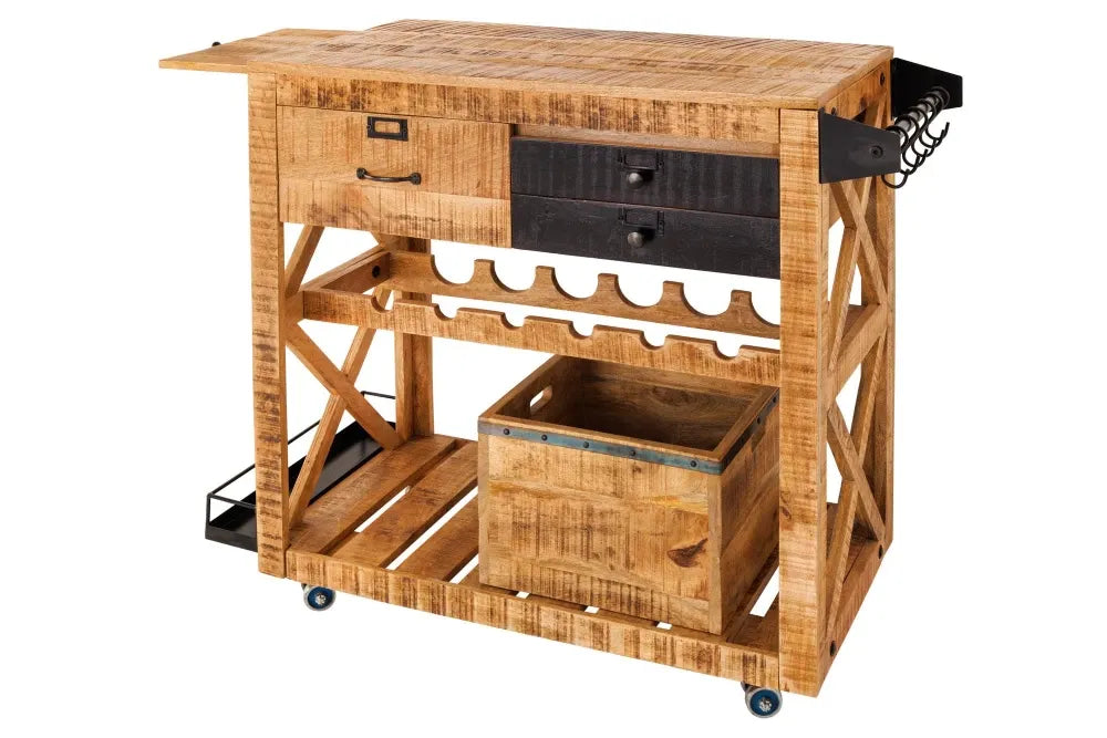 Dulap bar cu rotile din Lemn de mango Maro si Metal Negru L86xH92cm BODEGA