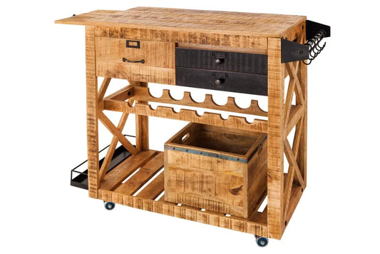 Dulap bar cu rotile din Lemn de mango Maro si Metal Negru L86xH92cm BODEGA