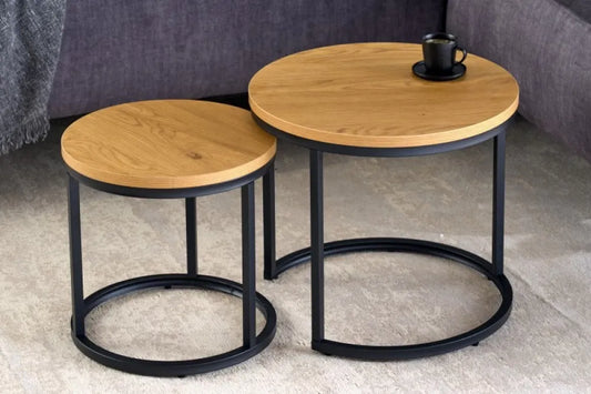 Set 2 masute laterale Rotunde din Lemn stratificat Maro si Metal Negru D35/45xH35/40cm Elegance
