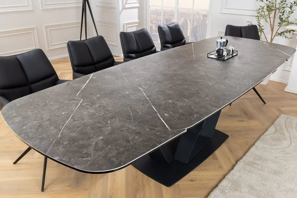 Masa din Sticla securizata/Ceramica Gri cu efect de marmura si Metal Negru L180-220-260xH76cm Papillon