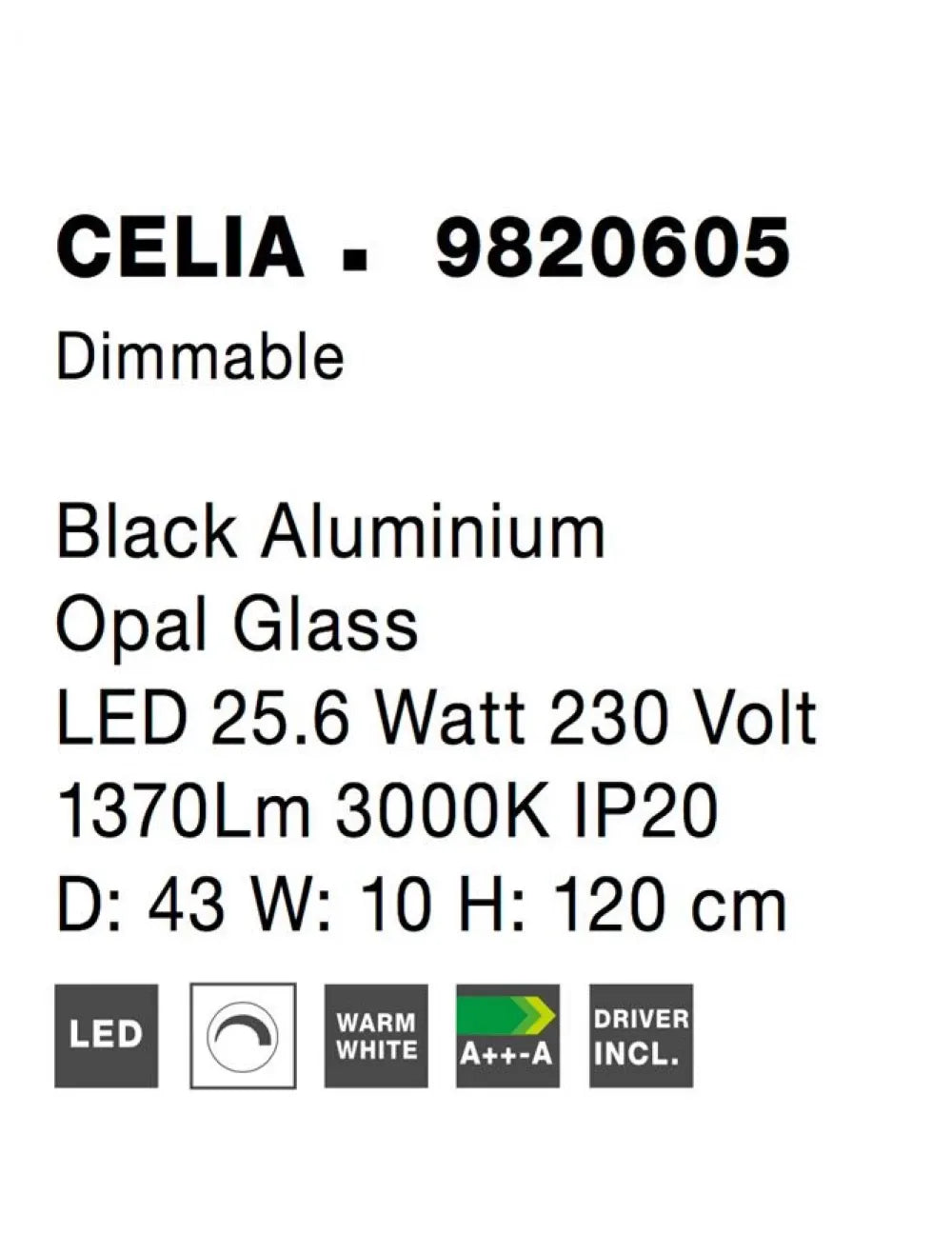 Pendul structura din Aluminiu Negru si abajur din Sticla Alb H120xL43cm IP20 29W 3203lm 3000k CELIA