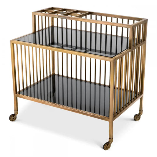 Carucior de servire Dreptunghiulara din Otel inoxidabil Alama antichizata si Sticla Fumuriu L80xl50.5cm Rutherford Eichholtz