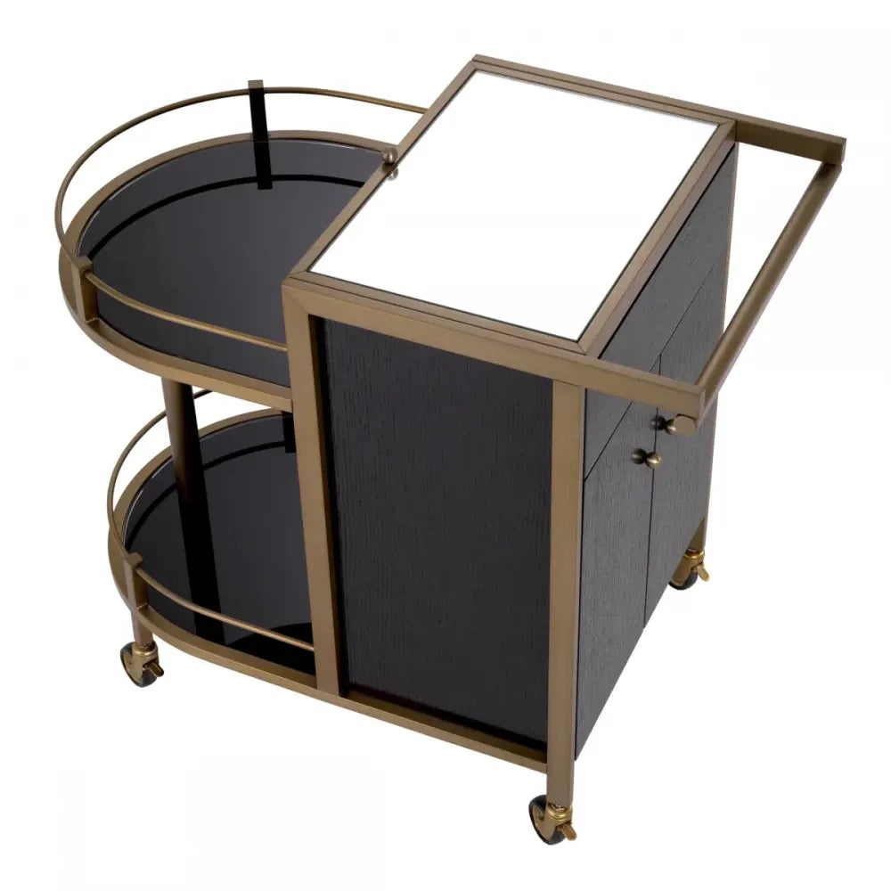 Carucior de servire Asimetrica din Otel inoxidabil/Furnir de stejar Alama/Negru si Oglinda L88xl50cm Bellini Eichholtz