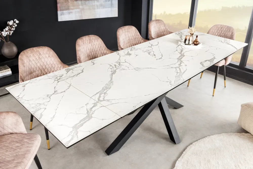Masa din Sticla securizata/Ceramica Alb cu efect de marmura si Metal Negru L180-220-260xH76cm Marvelous