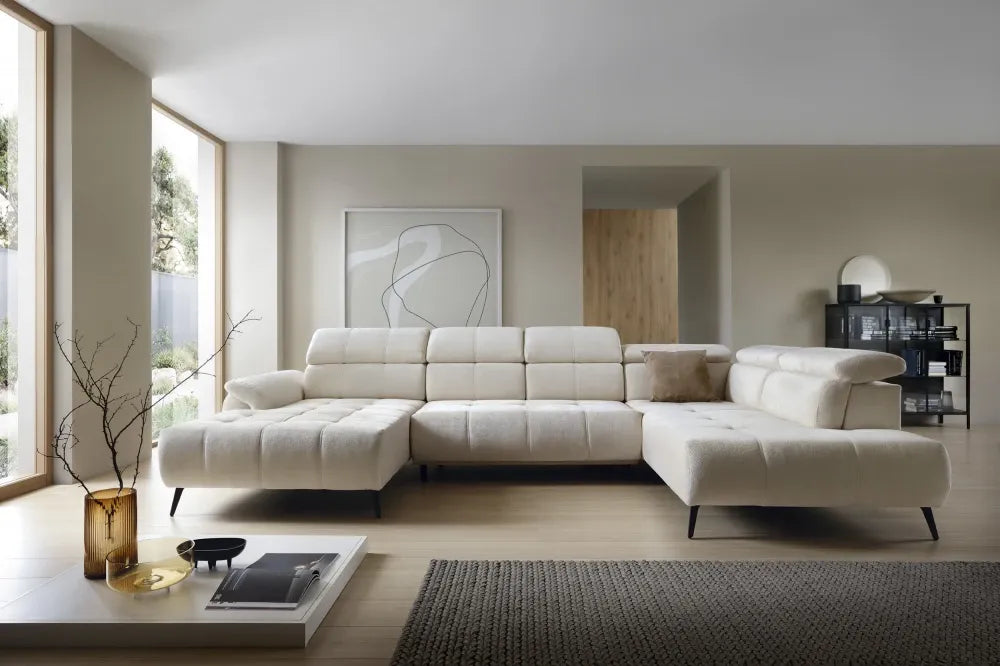 Coltar extensibil electric In forma de U  tapitat cu Chenille Aphrodite Crem cu lada depozitare Genova III