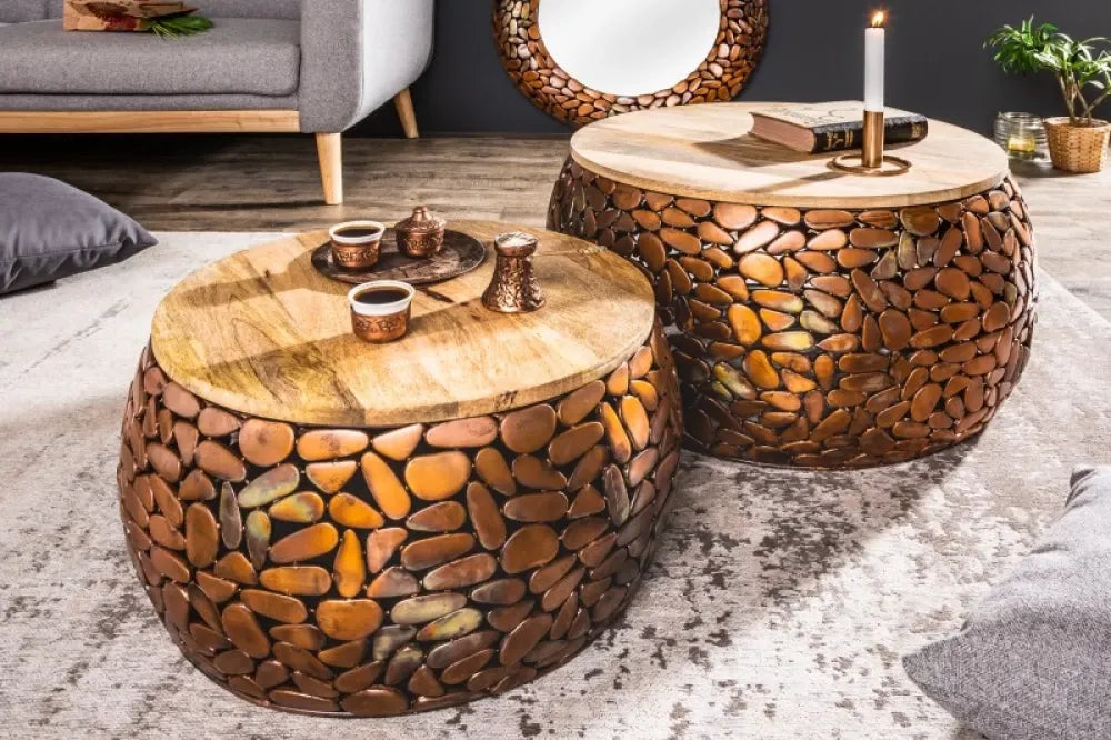 Set 2 masute de cafea Rotunde din Lemn masiv de salcam Maro si Metal Cupru D54/66xH31.5/35cm Stone Mosaic