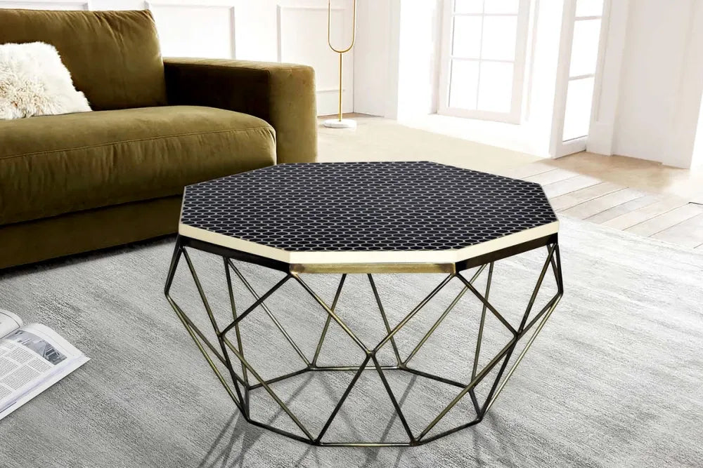 Masuta de cafea din Polirasina/Oase Negru/Alb si Metal Alama L69xH39cm Diamond bone inlay