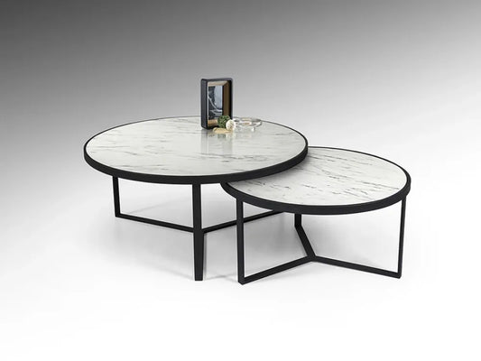 Set 2 masute de cafea din Metal Negru si MDF Alb D71/91xH36.5/41cm Naira
