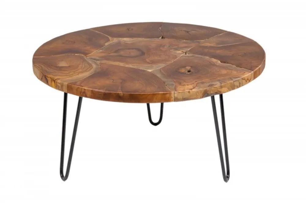 Masuta de cafea Rotunda din Lemn masiv de tec Maro si Metal Negru D70xH36cm Mosaik