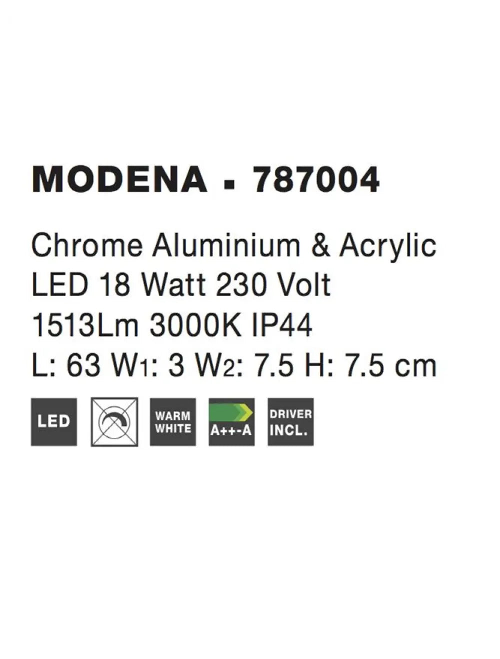 Aplica de perete structura din Aluminiu Argintiu si abajur din Acrilic Alb H7.5xL63cm IP44 18W 1513lm 3000k MODENA