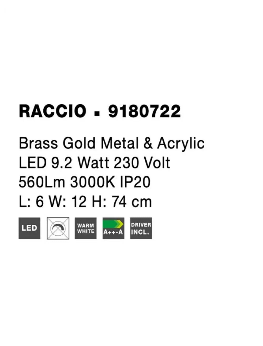 Aplica de perete structura din Metal Auriu si abajur din Acrilic Alb H74xL6cm IP20 11W 532lm 3000k RACCIO