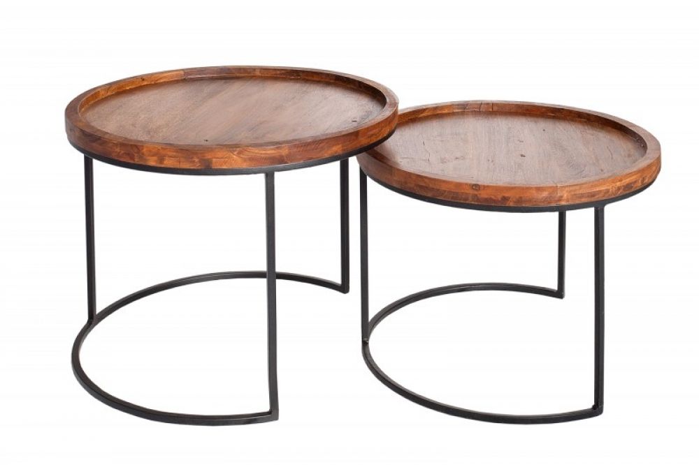 Set 2 masute de cafea rotunde din lemn masiv de salcam si Metal Maro/Negru D55/50xH45/40cm Elements