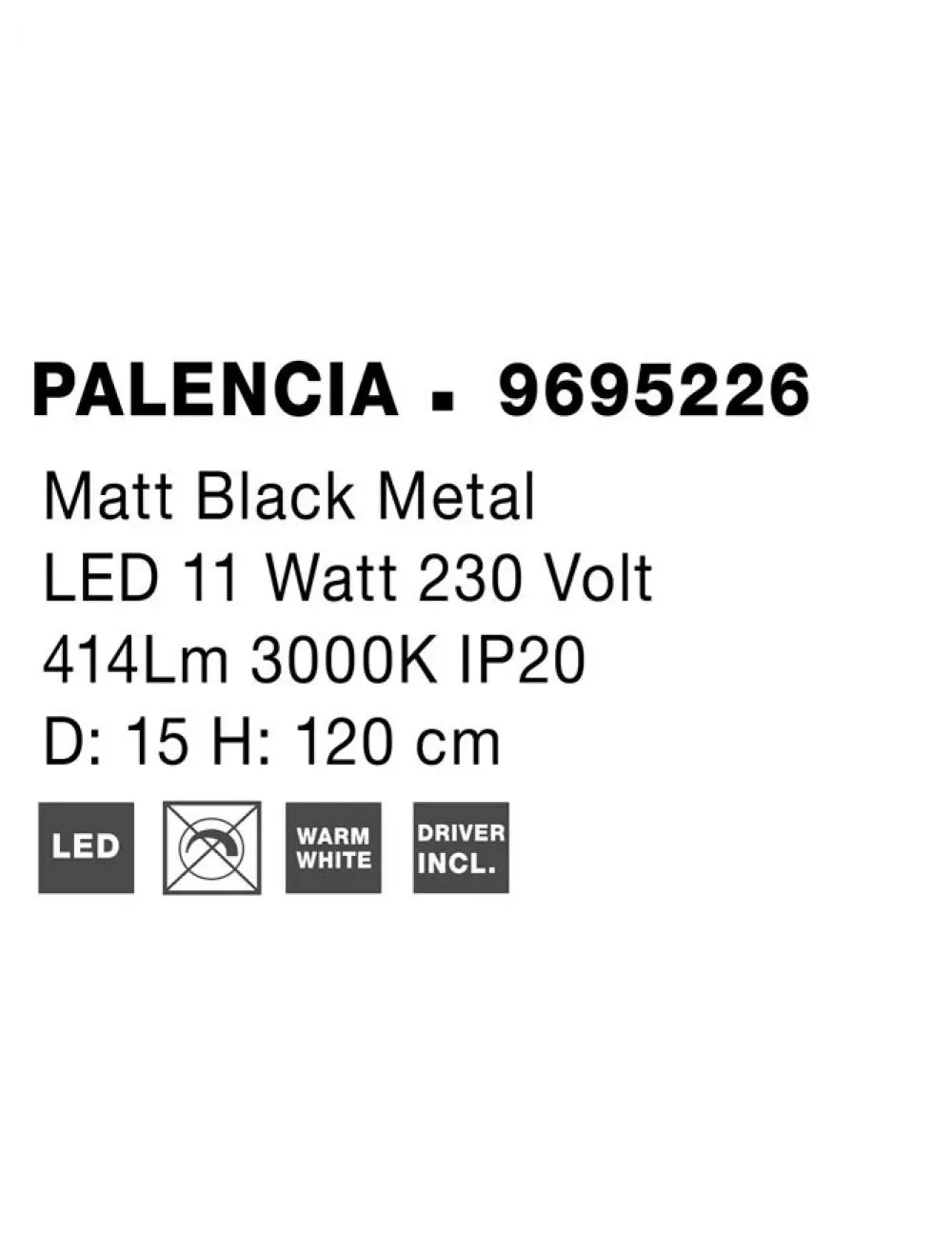 Pendul din Metal Negru H160xL15cm IP20 10W 517lm 3000k PALENCIA
