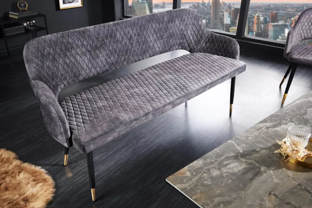 Banca din Metal Negru/Auriu si Catifea Gri H82xL162cm Paris