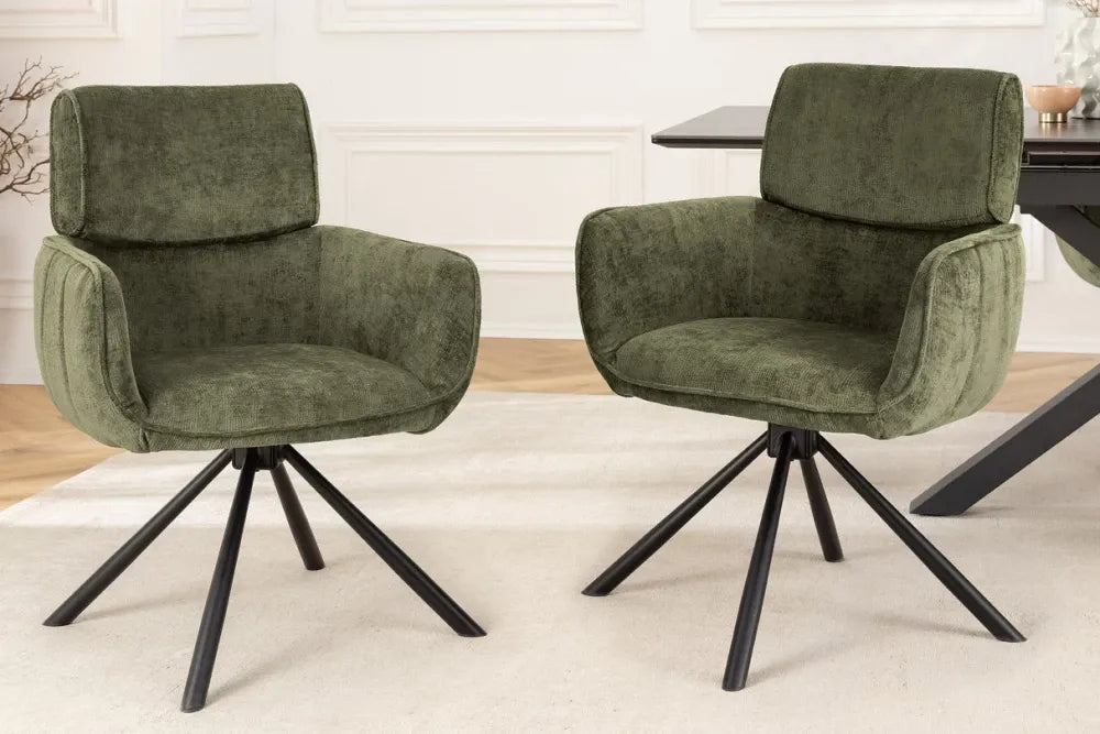 Set 2 scaune rotative cu brate  tapitat cu Chenille Verde si picioare din Metal Negru H84xL61xA64cm Unique
