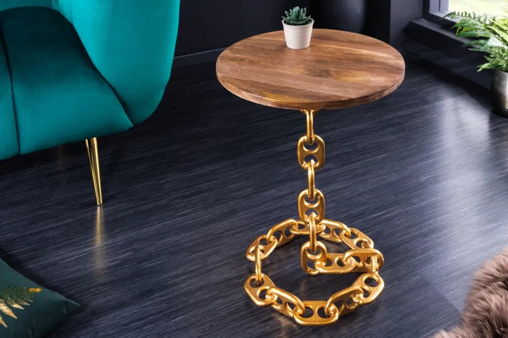Masuta laterala din Lemn de mango Maro si Metal Auriu L38xH54cm Chain