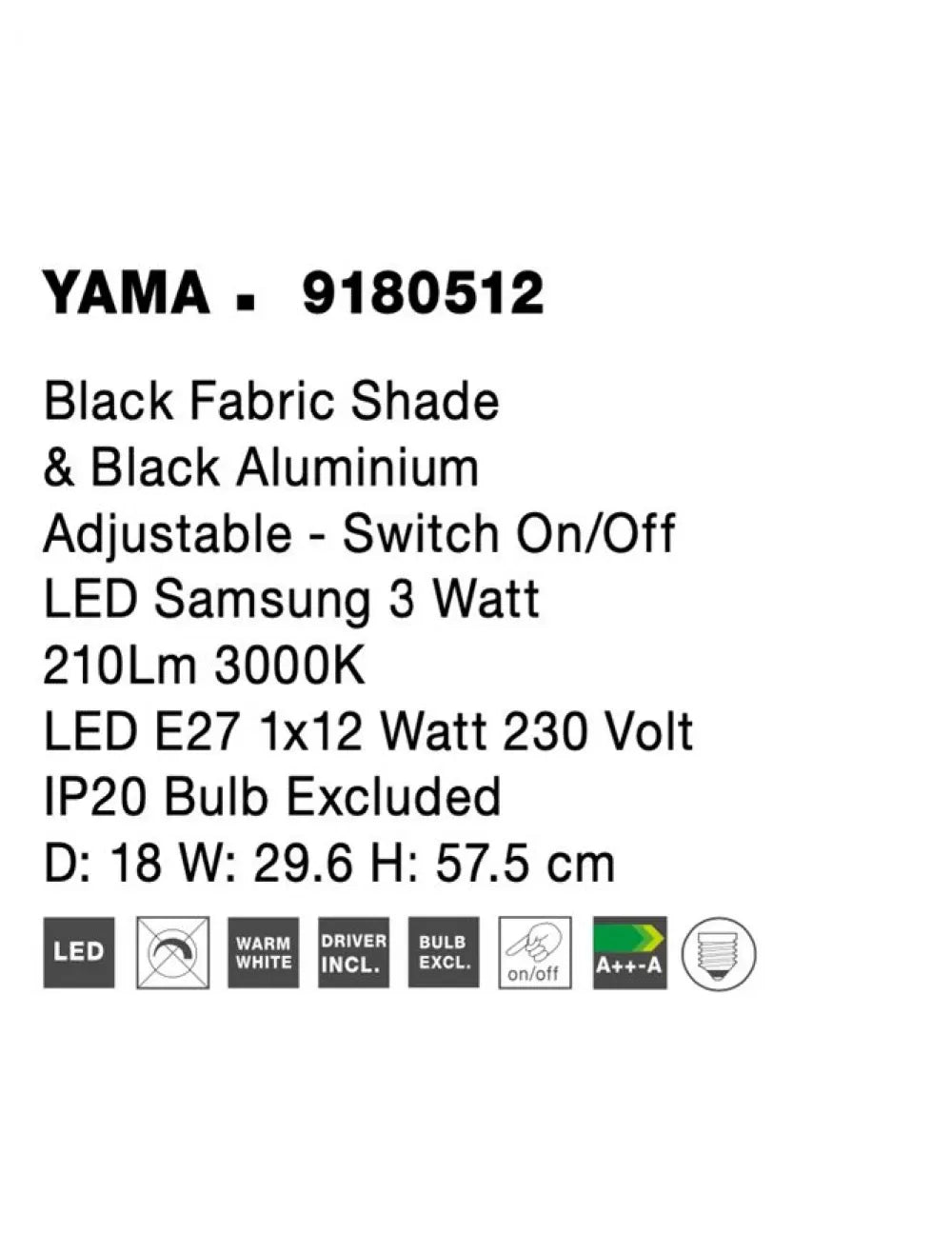 Aplica de perete structura din Aluminiu Negru si abajur din Textil Negru H57.5xL18cm IP20 15W 210lm 3000k YAMA