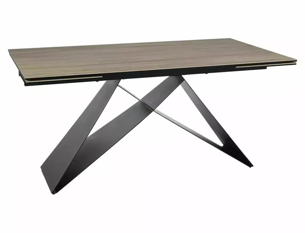 Masa Extensibila de 12 persoane din Sticla securizata+Ceramica Maro deschis si Metal Negru mat DxH77cm Westin